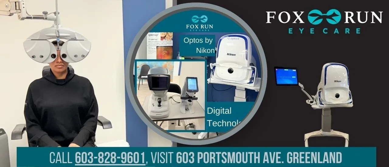 Woman undergoing eye examination with Optos retinal imaging equipment at Fox Run Eye Care in Portsmouth, NH, showcasing advanced digital technology for vision health.