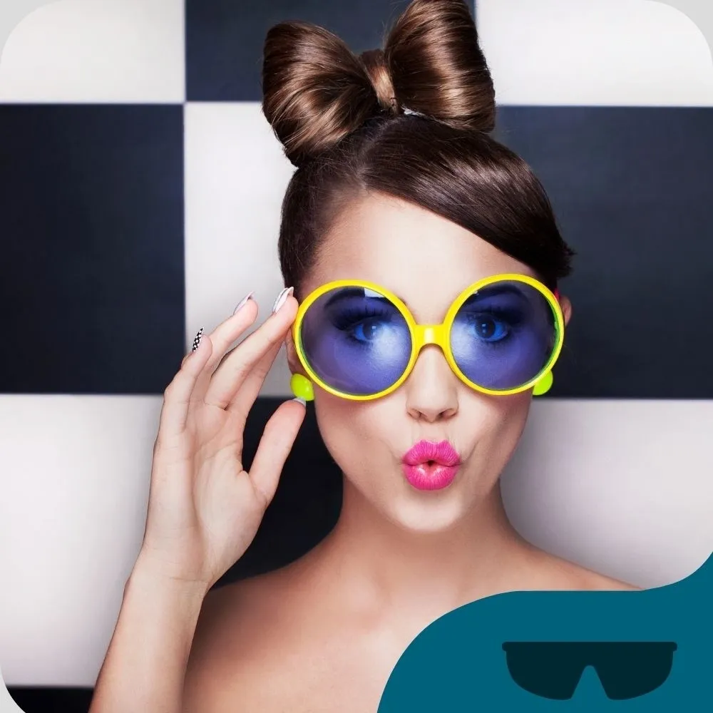 Woman wearing oversized yellow sunglasses with blue lenses, striking a playful pose against a black and white checkered background, emphasizing eye care and vision health.