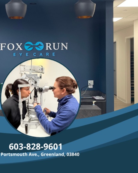 Fox Run Eye Care interior with optometrist conducting eye exam on patient, featuring eye care equipment and branding for eye care services.