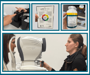 Patient undergoing eye examination using NIDEK autorefractor, with visual aids including Life Meter carotenoid scan results and eye care products.
