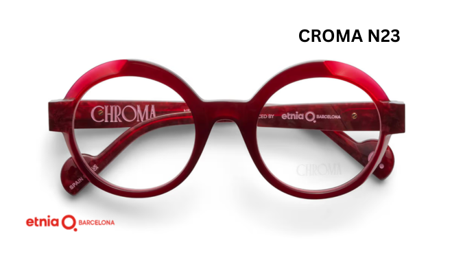 Red oversized eyeglasses frame from Etnia Barcelona, model Croma N23, featuring a bold design and stylish branding.