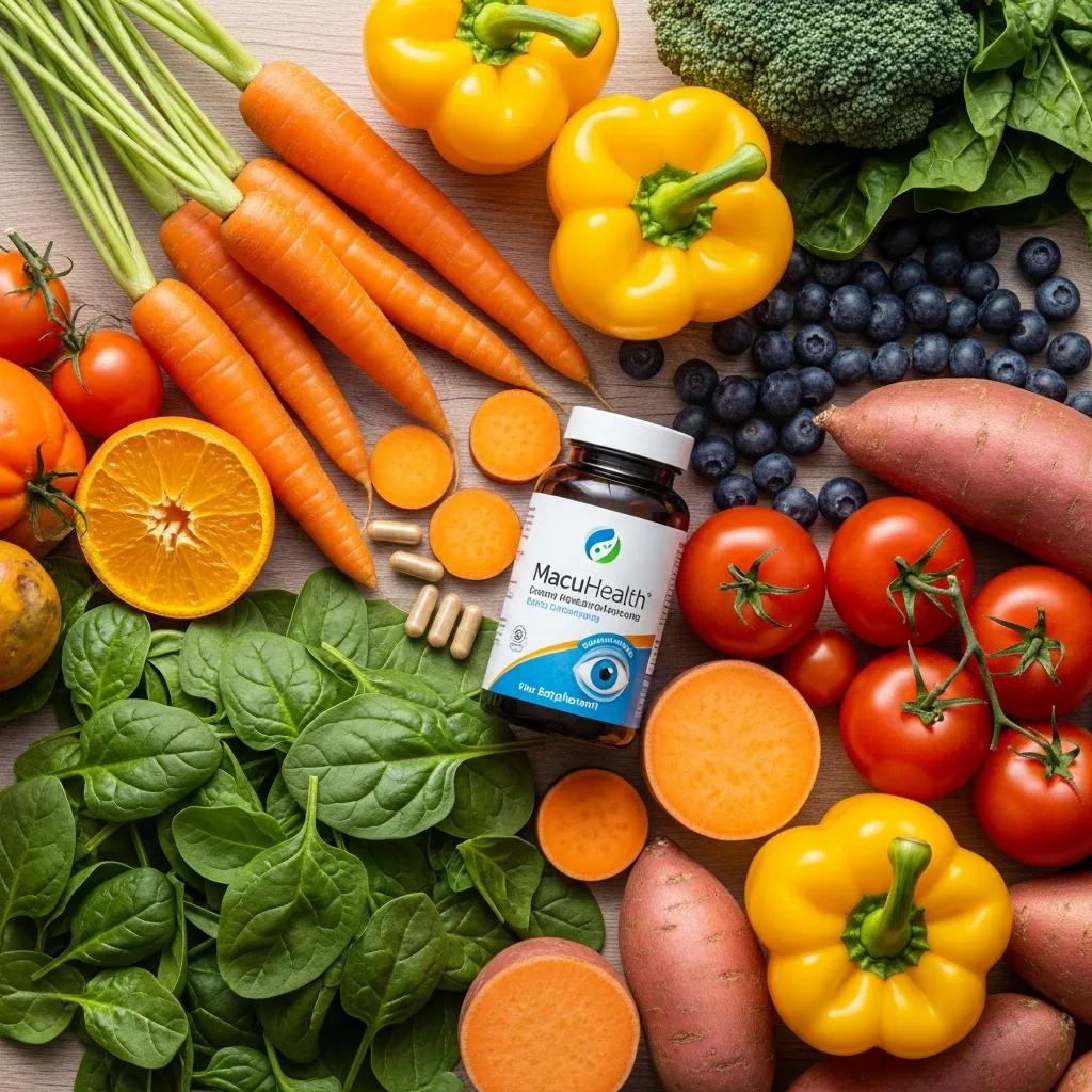 MacuHealth supplements displayed with fresh produce