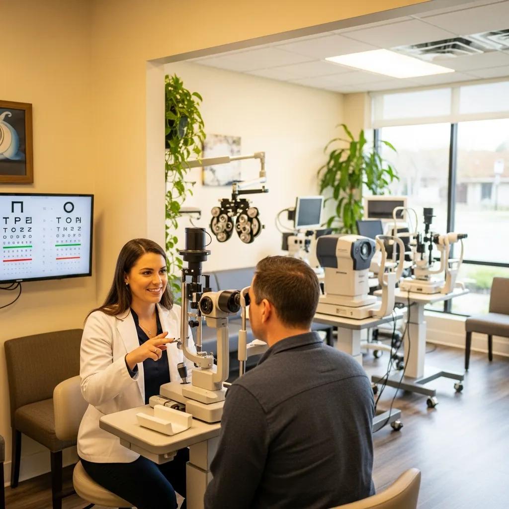 Optometrist conducting a vision test with patient in modern eye care clinic, featuring eye examination equipment and eye chart in background.