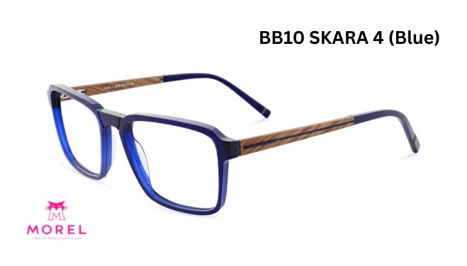 Blue Morel Skara 4 eyeglasses frame with stylish wooden accents, designed for prescription lenses, featured in Fox Run Eye Care's collection of trendy eyewear.