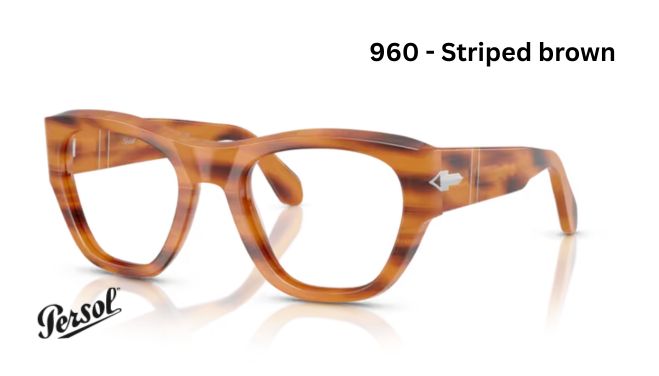 Persol 960 striped brown eyeglasses frame showcasing stylish design for everyday wear, ideal for pairing with prescription lenses.