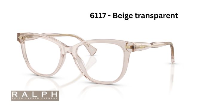 Ralph Lauren eyeglasses in beige transparent, showcasing stylish frame design suitable for prescription lenses, featured at Fox Run Eye Care.