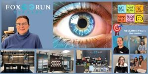 Fox Run Eye Care logo and optometrist with a close-up of an eye, emphasizing vision health and eye care services.