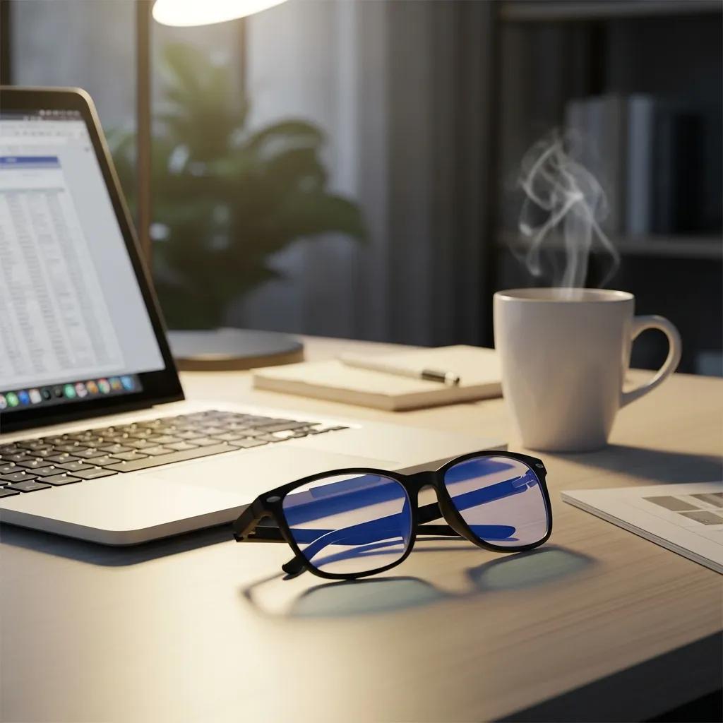 Stylish computer glasses with blue light filtering lenses on a desk next to a laptop and a steaming coffee cup, enhancing eye comfort for digital screen use.