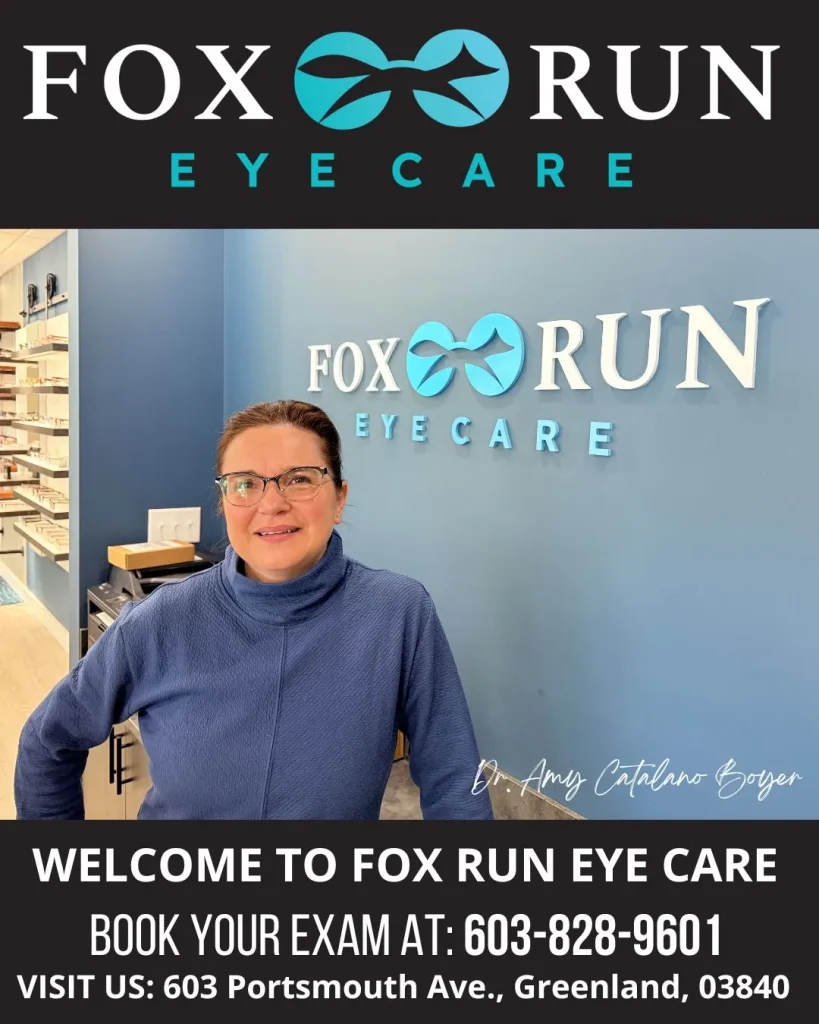 Dr. Amy Catalano Boyer standing in front of the Fox Run Eye Care office, with the logo and contact information displayed, promoting eye care services in Portsmouth, NH.