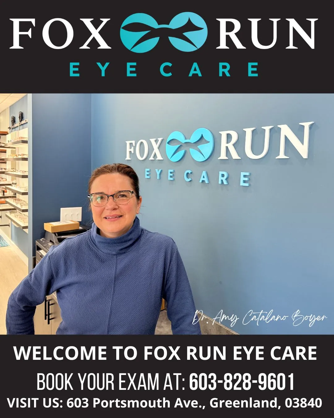 Dr. Amy Catalano Boyer welcoming patients at Fox Run Eye Care with a modern office backdrop, emphasizing eye health services and eye exams.