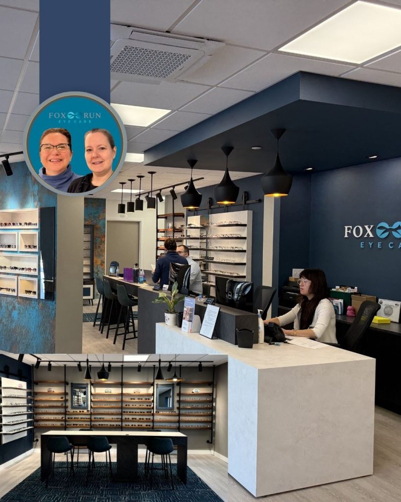 Modern optical clinic interior showing reception desk, eyeglass display frames, and friendly staff