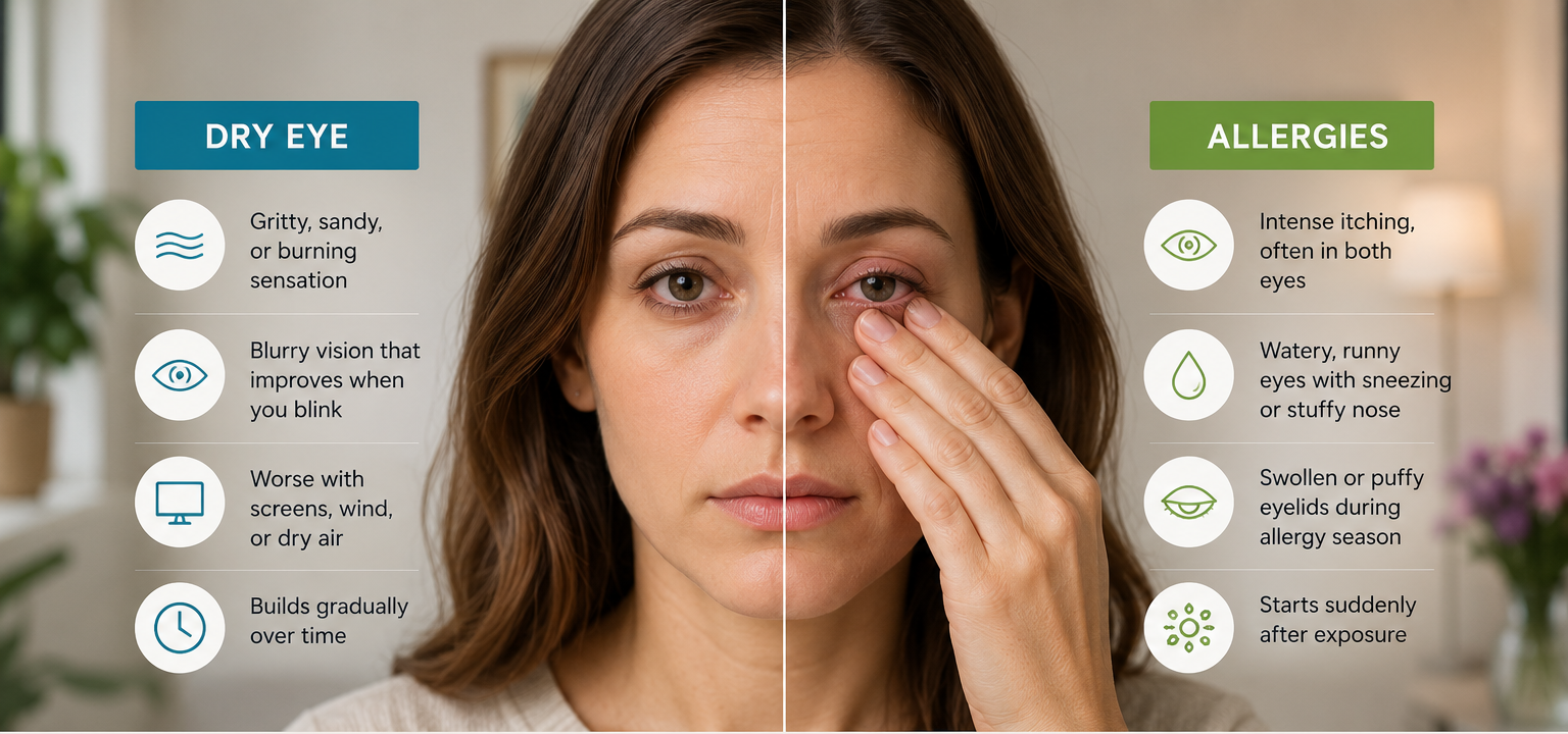 Woman with red itchy eye comparing dry eye and allergy symptoms