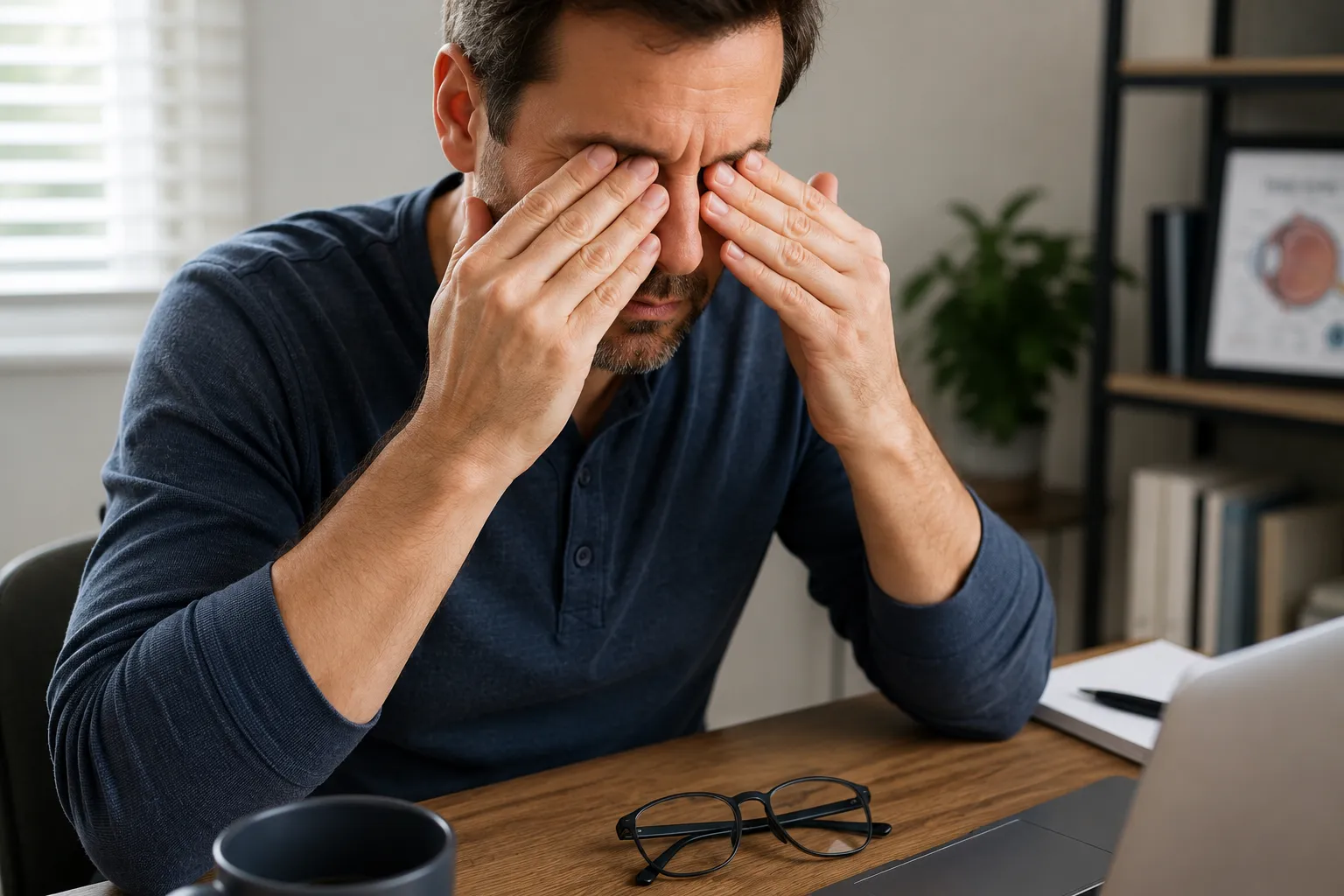Manrubbing tired eyes at desk during dry eye symptoms episode