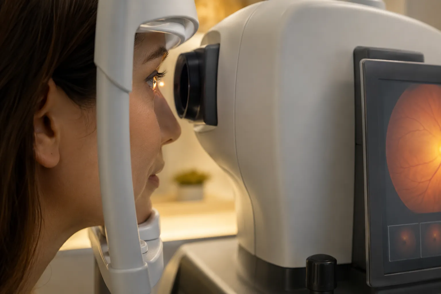 Patient undergoing diabetic retinal imaging with Optomap scanner during comprehensive diabetic eye exam.