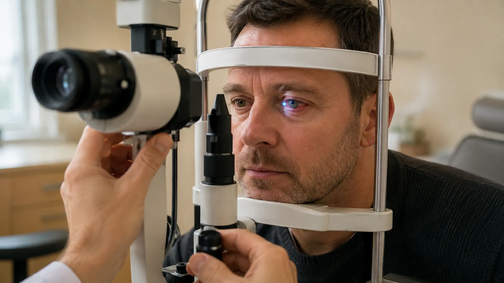 Optometrist examining a patient's red irritated eye at a slit lamp during an urgent eye care visit